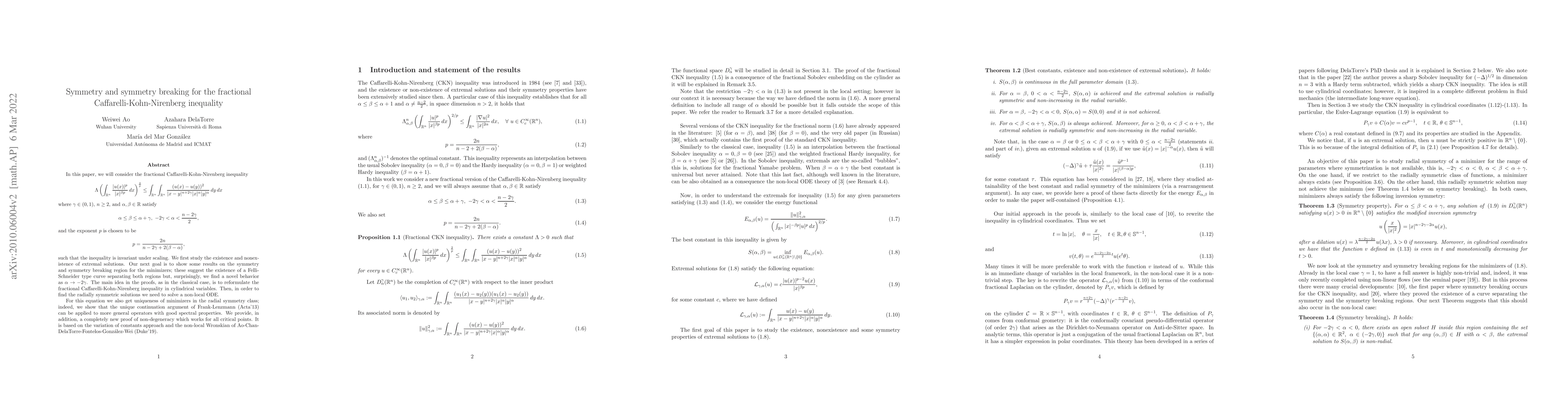 Thumbnail for Symmetry and symmetry breaking for the fractional
  Caffarelli-Kohn-Nirenberg inequality