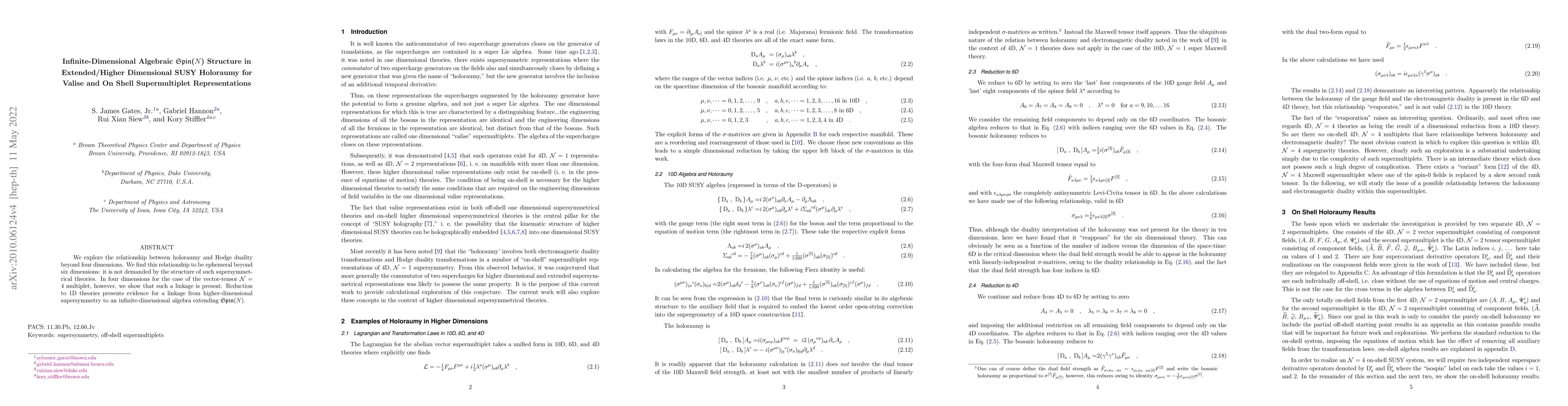Thumbnail for Infinite-Dimensional Algebraic $\mathfrak{Spin}$($N$) Structure in
  Extended/Higher Dimensional SUSY Holoraumy for Valise and On-Shell
  Supermultiplet Representations