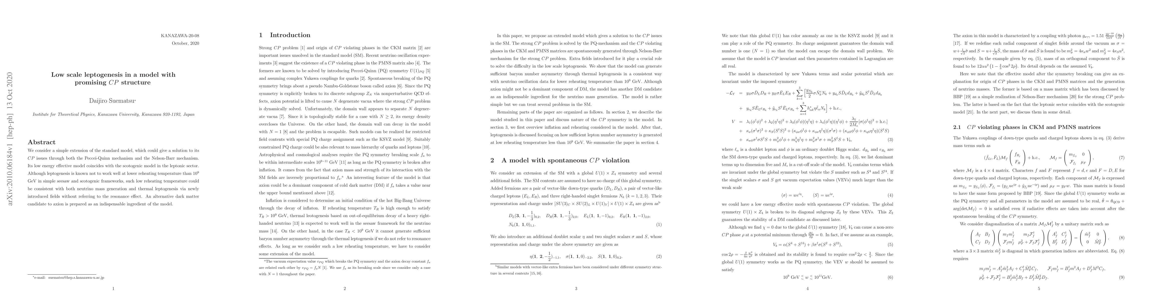 Thumbnail for Low scale leptogenesis in a model with promising $CP$ structure