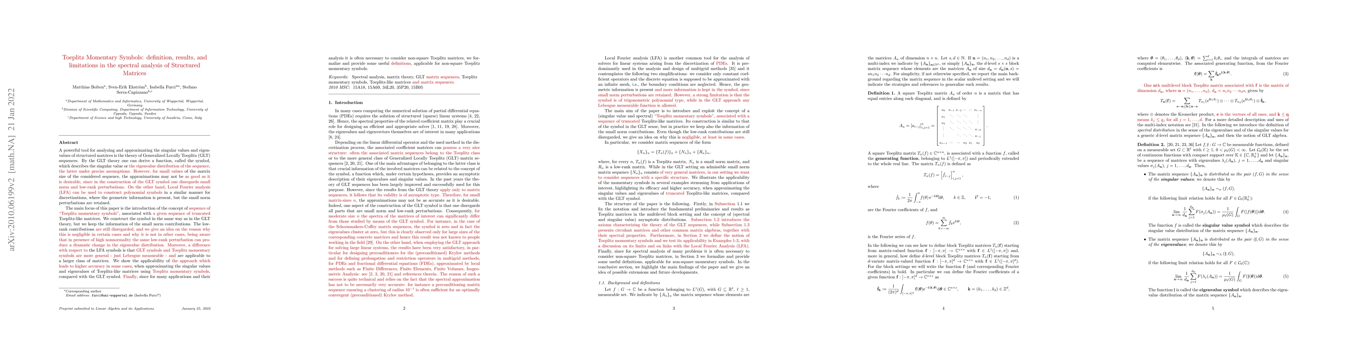 Thumbnail for Toeplitz Momentary Symbols: definition, results, and limitations in the
  spectral analysis of Structured Matrices