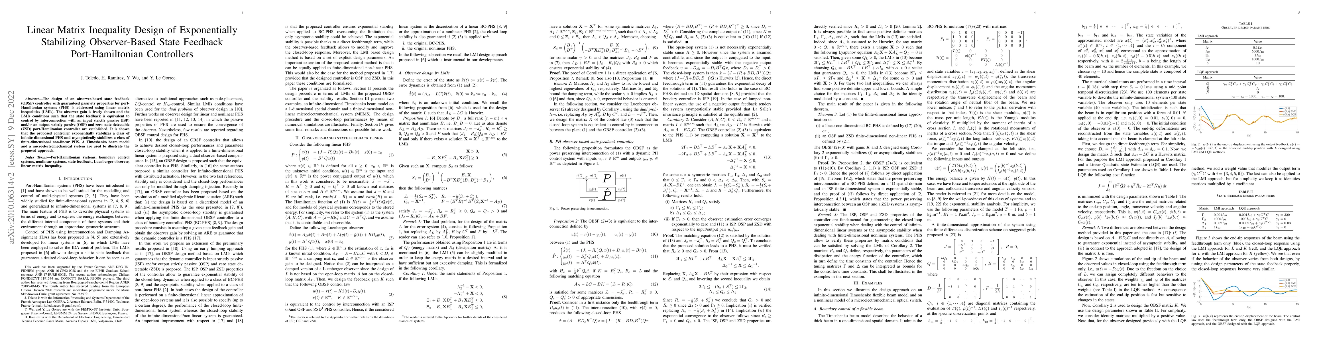 Thumbnail for Linear Matrix Inequality Design of Exponentially Stabilizing
  Observer-Based State Feedback Port-Hamiltonian Controllers