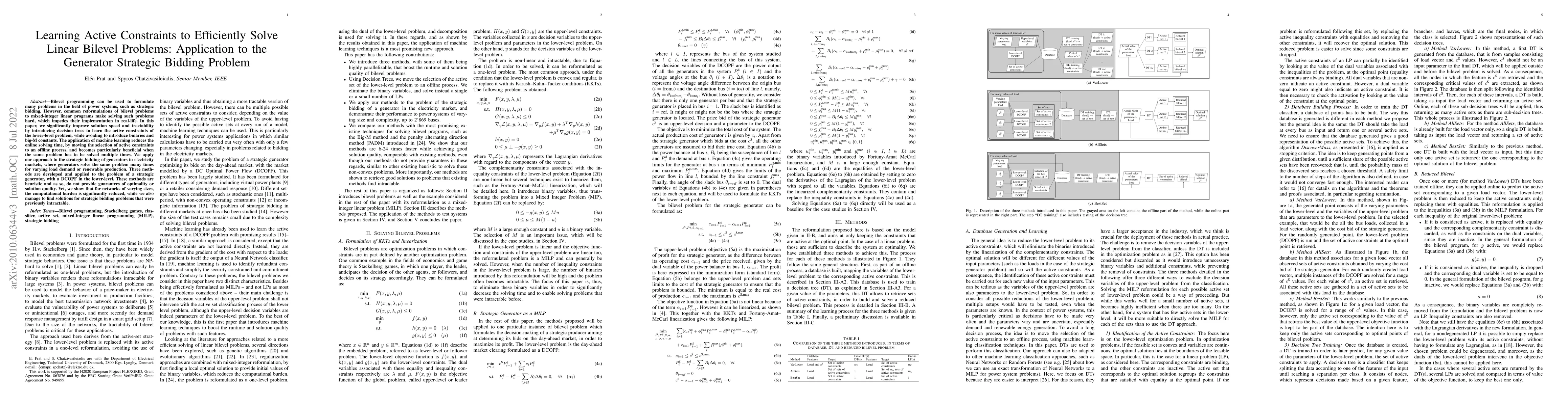 Thumbnail for Learning Active Constraints to Efficiently Solve Linear Bilevel
  Problems: Application to the Generator Strategic Bidding Problem