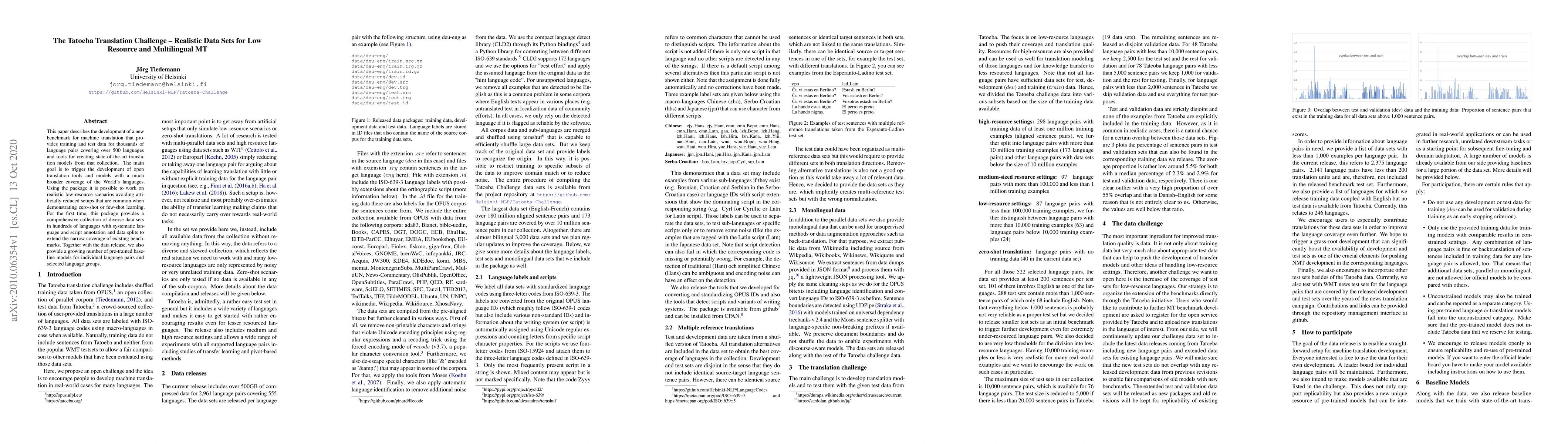 Thumbnail for The Tatoeba Translation Challenge -- Realistic Data Sets for Low
  Resource and Multilingual MT