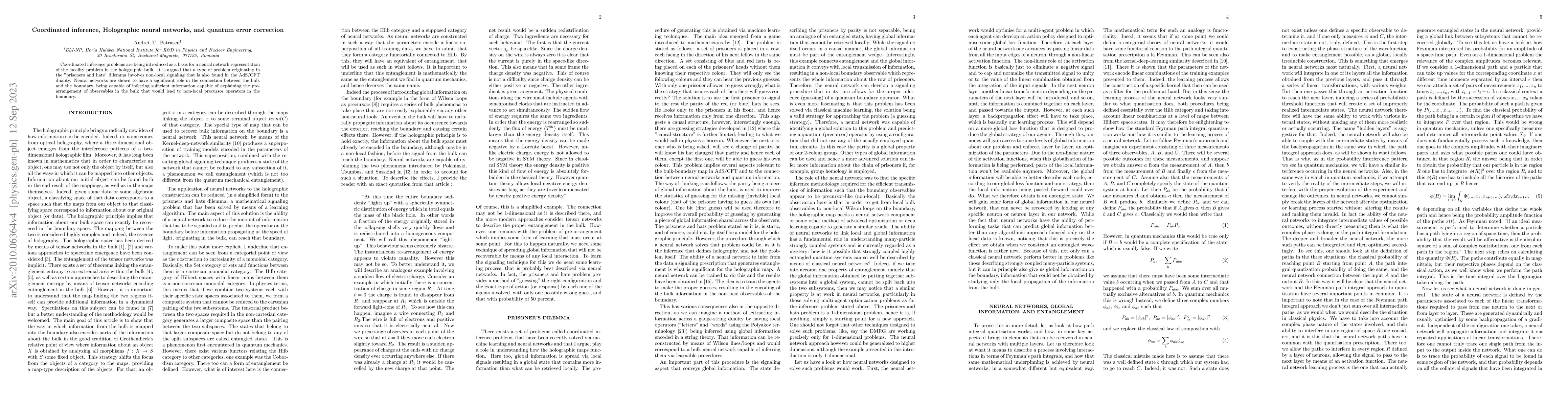 Thumbnail for Coordinated inference, Holographic neural networks, and quantum error
  correction