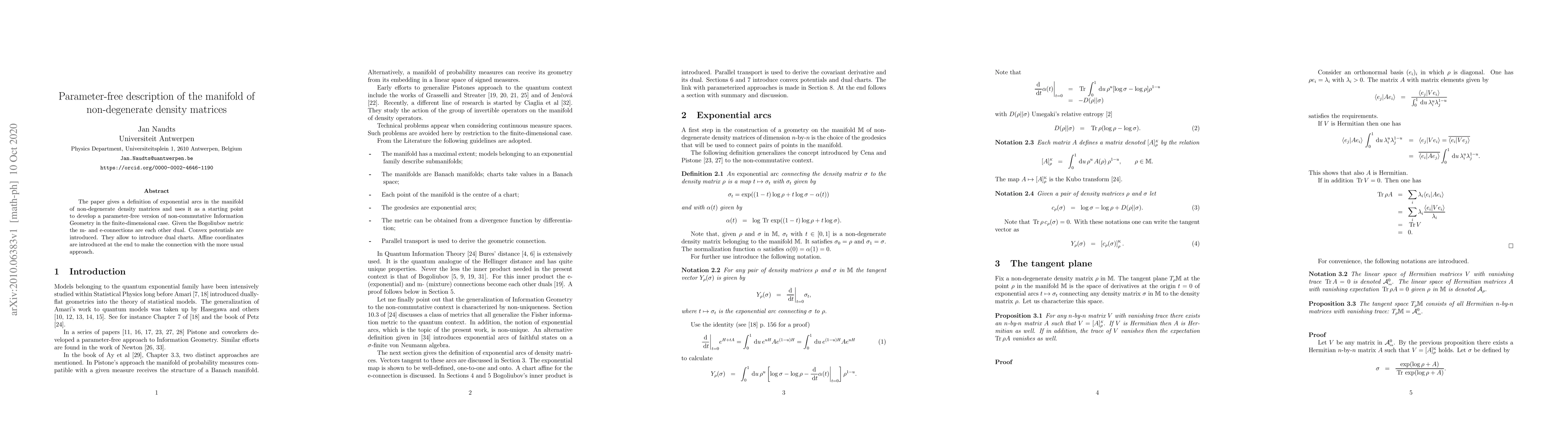 Thumbnail for Parameter-free description of the manifold of non-degenerate density
  matrices