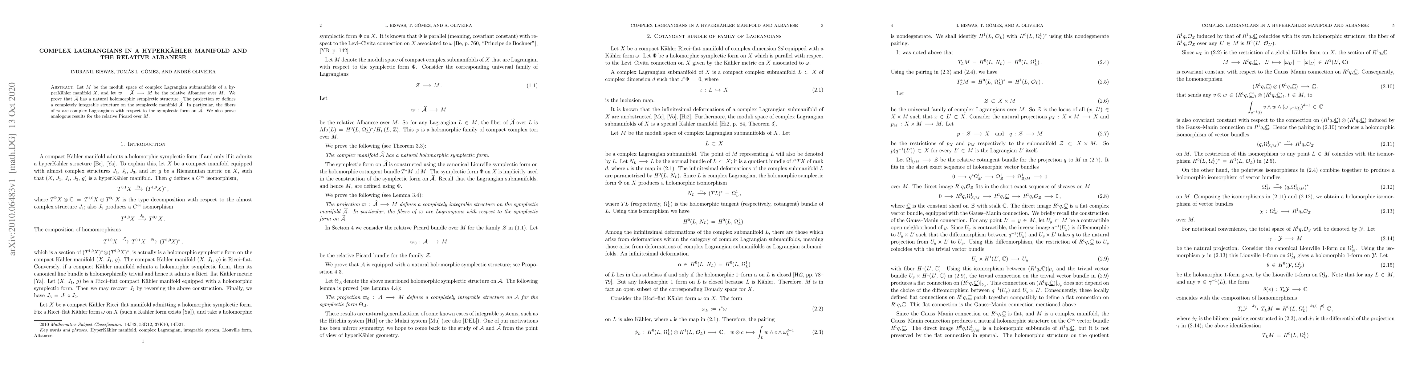 Thumbnail for Complex Lagrangians in a hyperKaehler manifold and the relative Albanese