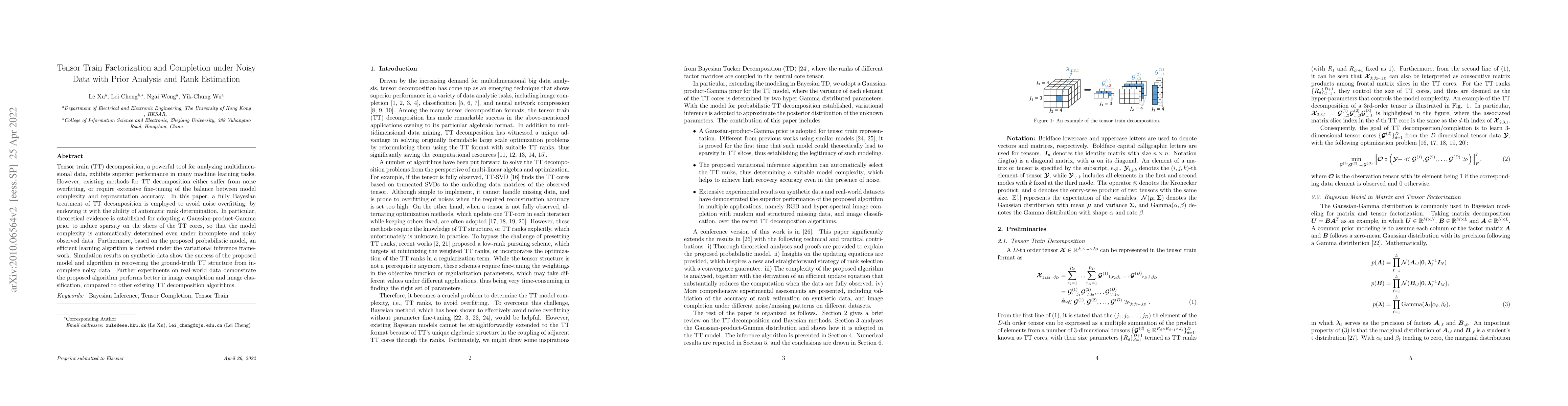 Thumbnail for Tensor Train Factorization and Completion under Noisy Data with Prior
  Analysis and Rank Estimation