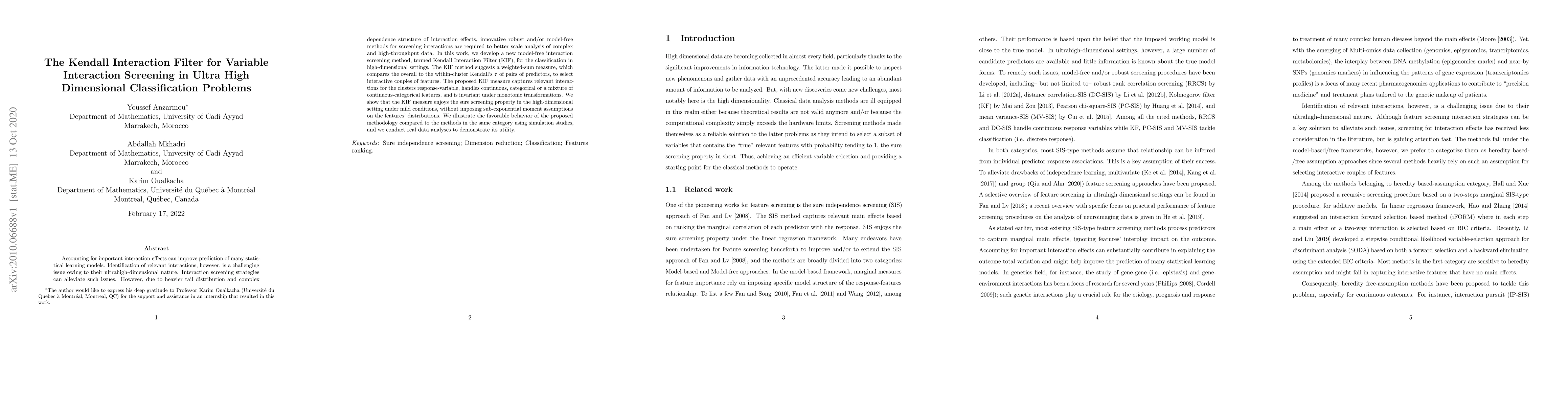 Thumbnail for The Kendall Interaction Filter for Variable Interaction Screening in
  Ultra High Dimensional Classification Problems