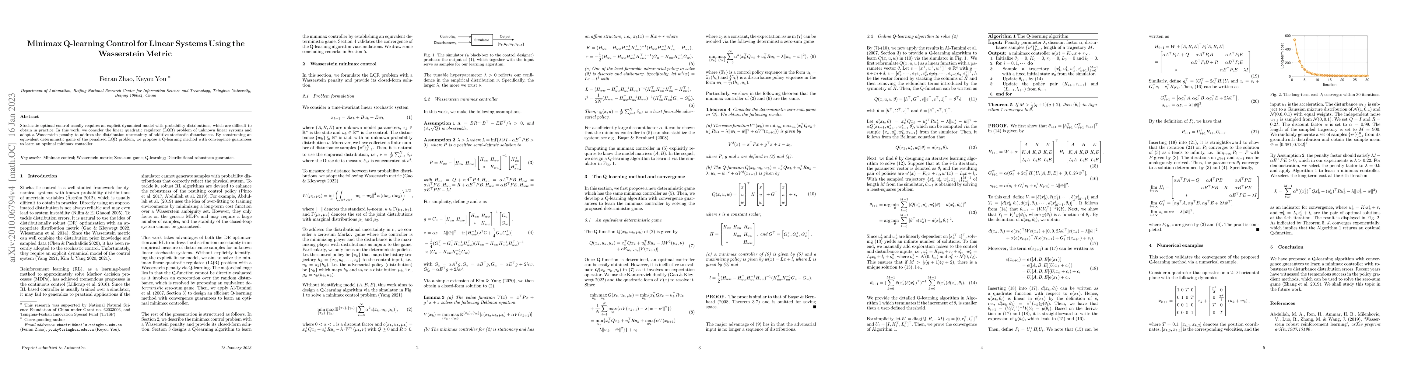 Thumbnail for Minimax Q-learning Control for Linear Systems Using the Wasserstein
  Metric