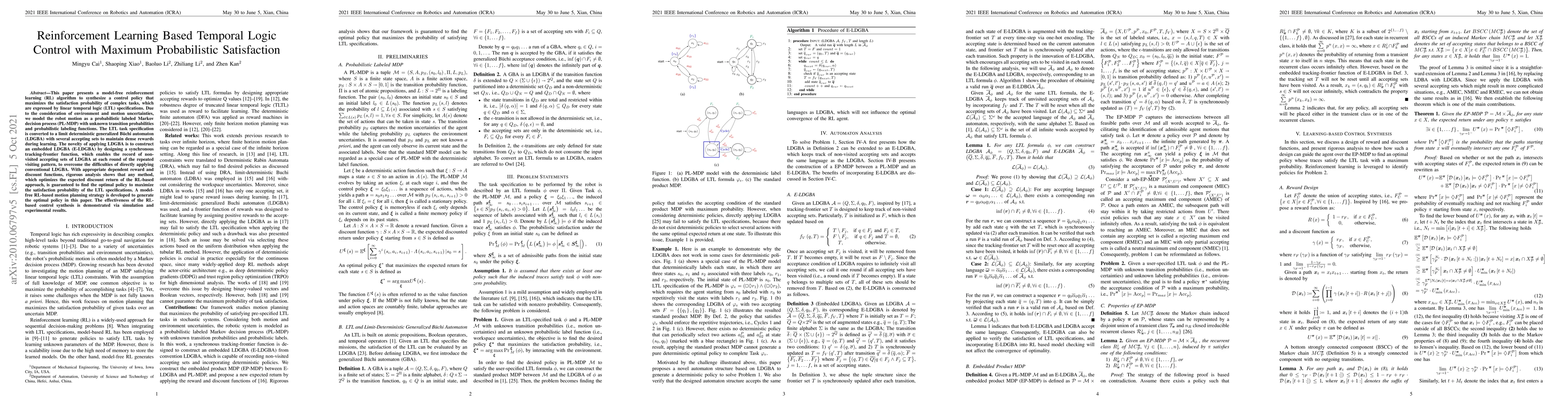 Thumbnail for Reinforcement Learning Based Temporal Logic Control with Maximum
  Probabilistic Satisfaction