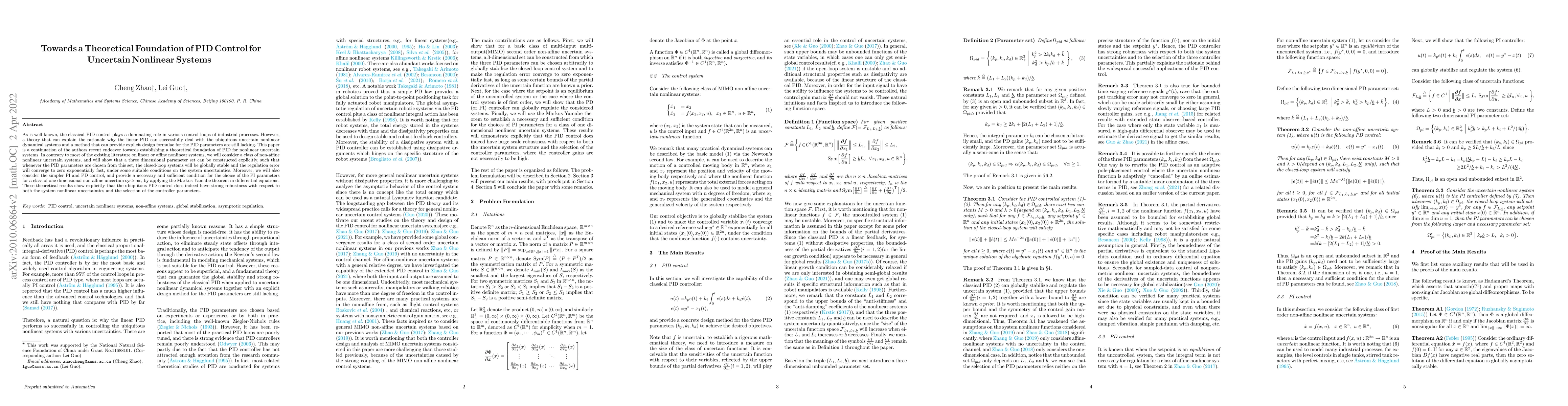 Thumbnail for Towards a Theoretical Foundation of PID Control for Uncertain Nonlinear
  Systems