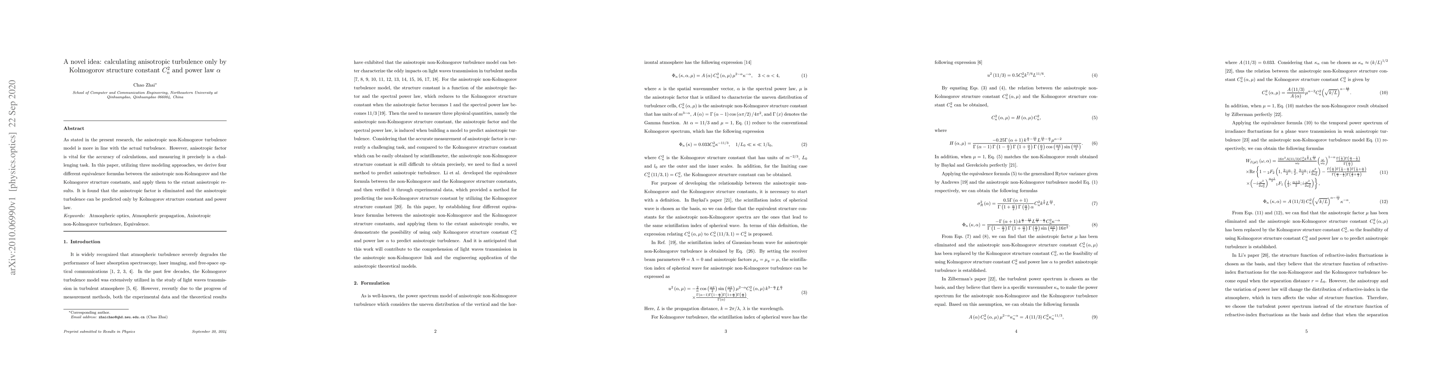 Thumbnail for A novel idea: calculating anisotropic turbulence only by Kolmogorov
  structure constant C$_n^2$ and power law $\alpha$