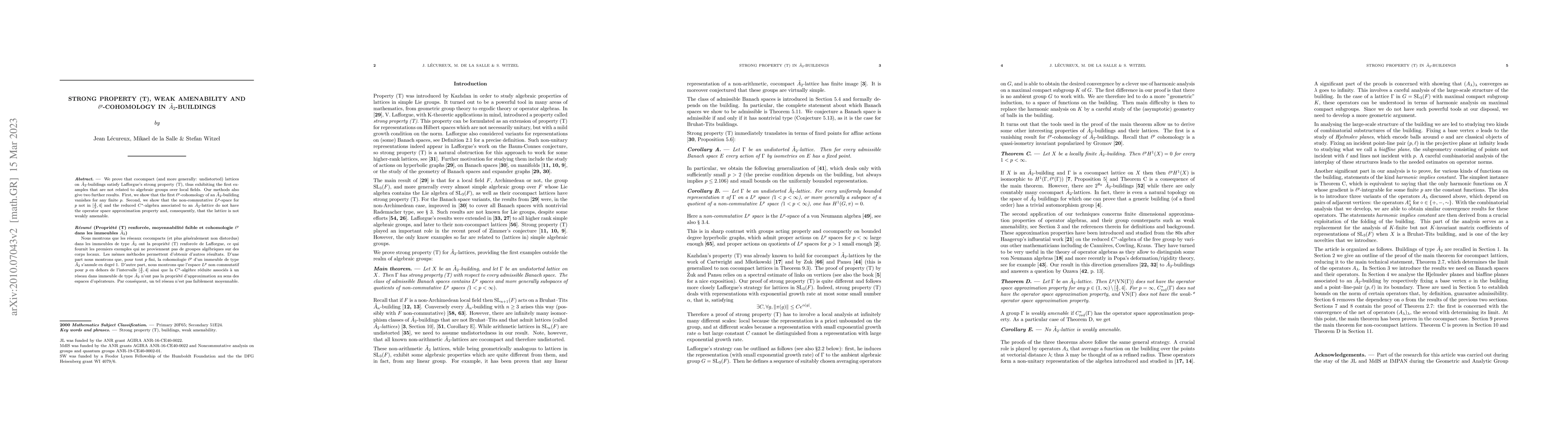 Thumbnail for Strong Property (T), weak amenability and $\ell^p$-cohomology in
  $\tilde{A}_2$-buildings