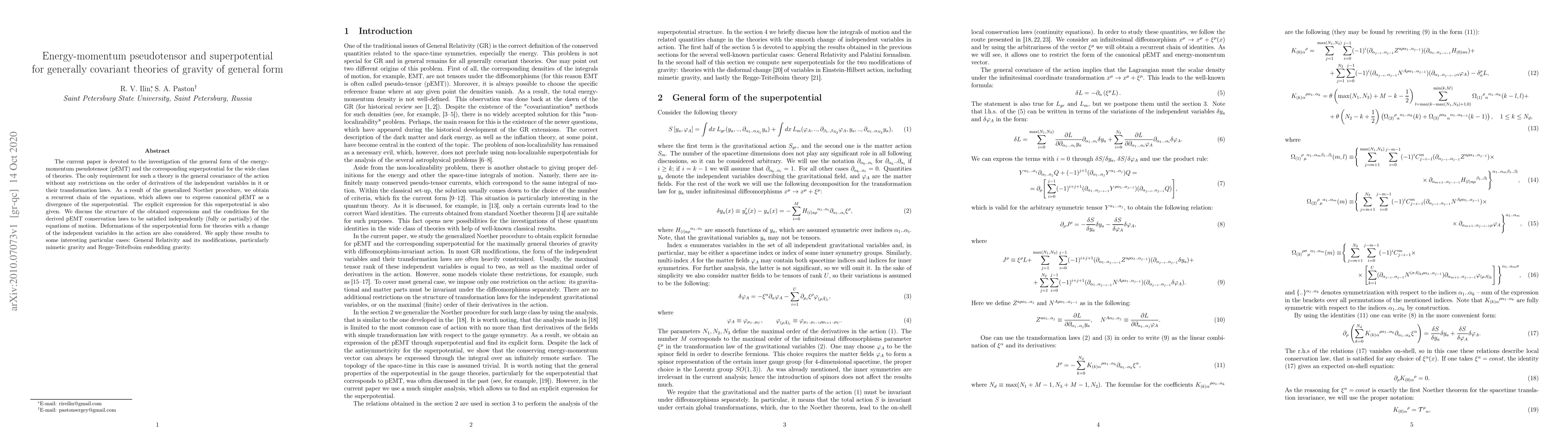 Thumbnail for Energy-momentum pseudotensor and superpotential for generally covariant
  theories of gravity of general form