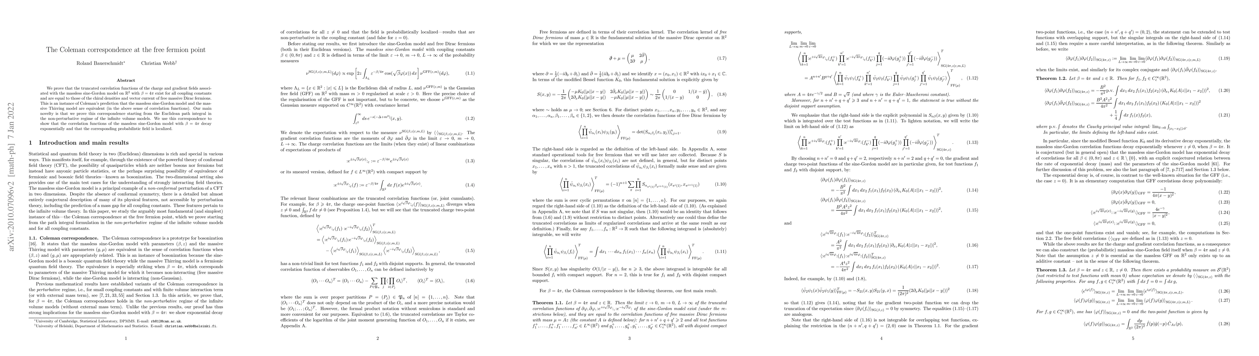 Thumbnail for The Coleman correspondence at the free fermion point