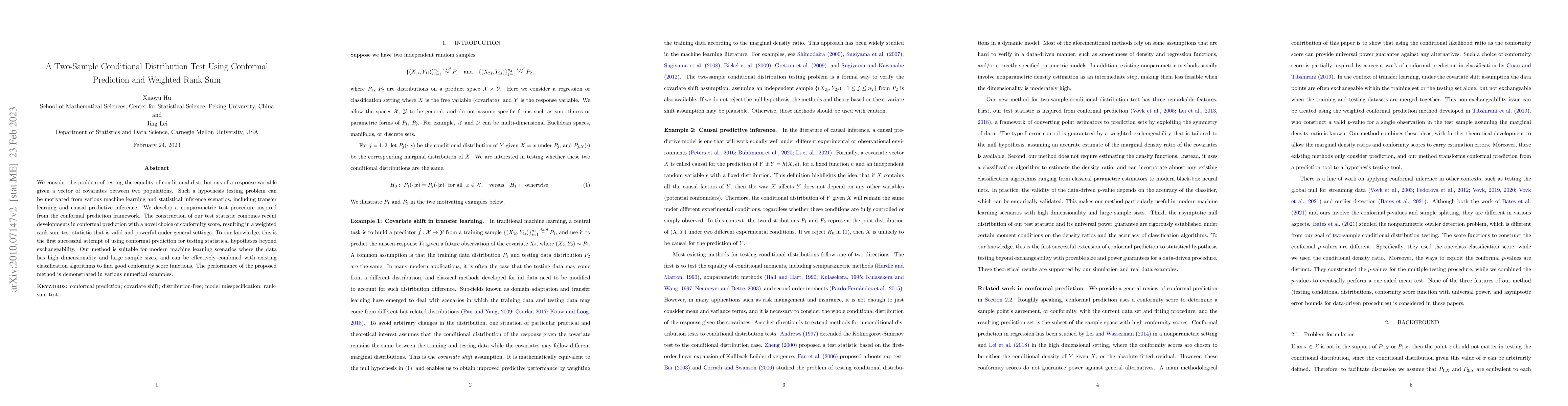 Thumbnail for A Two-Sample Conditional Distribution Test Using Conformal Prediction
  and Weighted Rank Sum