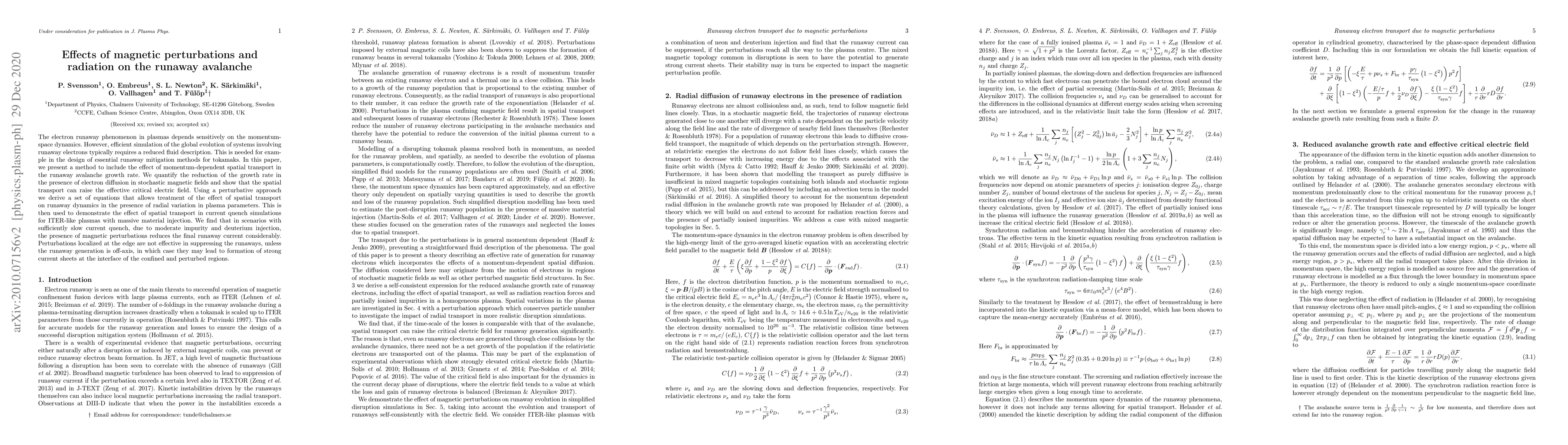 Thumbnail for Effects of magnetic perturbations and radiation on the runaway avalanche