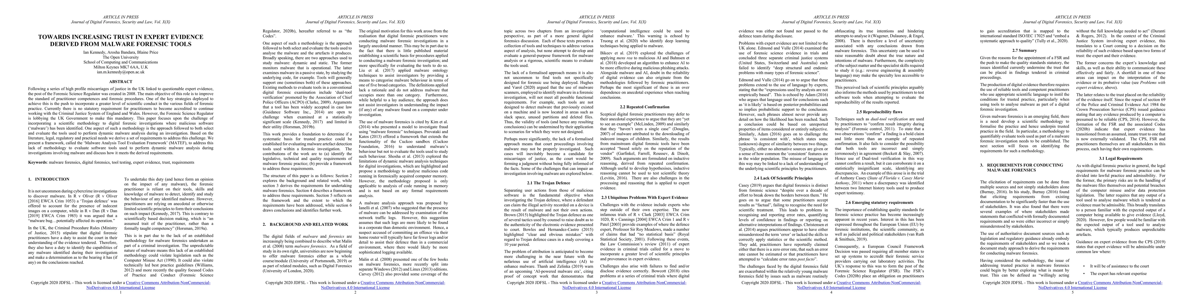 Thumbnail for Towards Increasing Trust In Expert Evidence Derived From Malware
  Forensic Tools