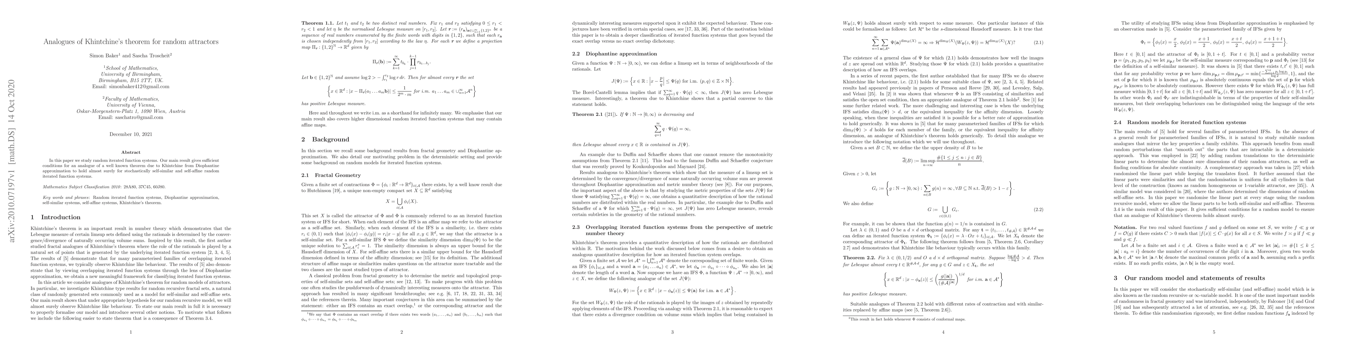 Thumbnail for Analogues of Khintchine's theorem for random attractors