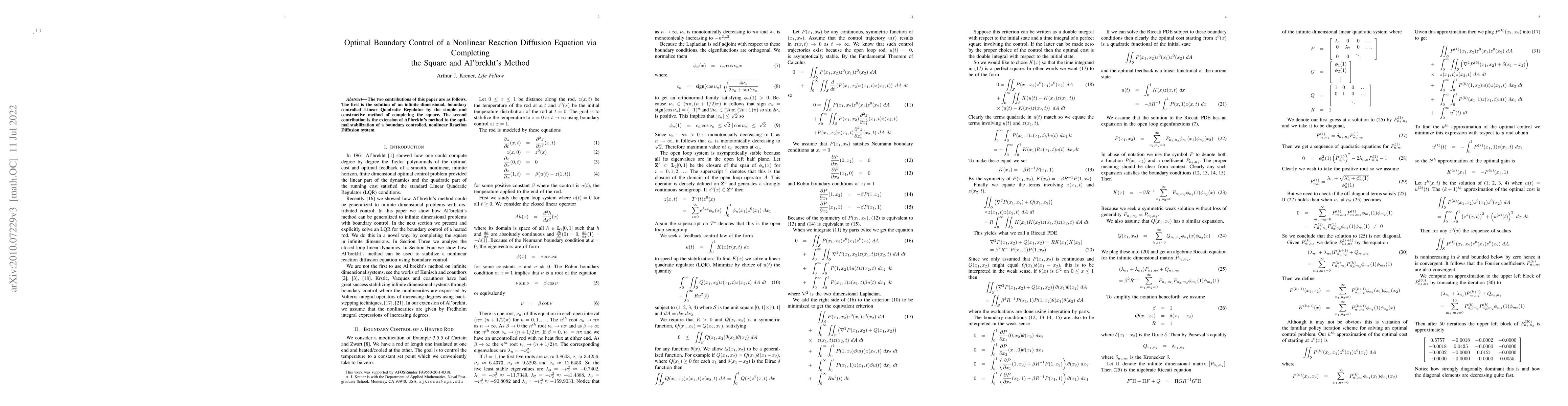 Thumbnail for Optimal Boundary Control of a Nonlinear Reaction Diffusion Equation via
  Completing the Square and Al'brekht's Method