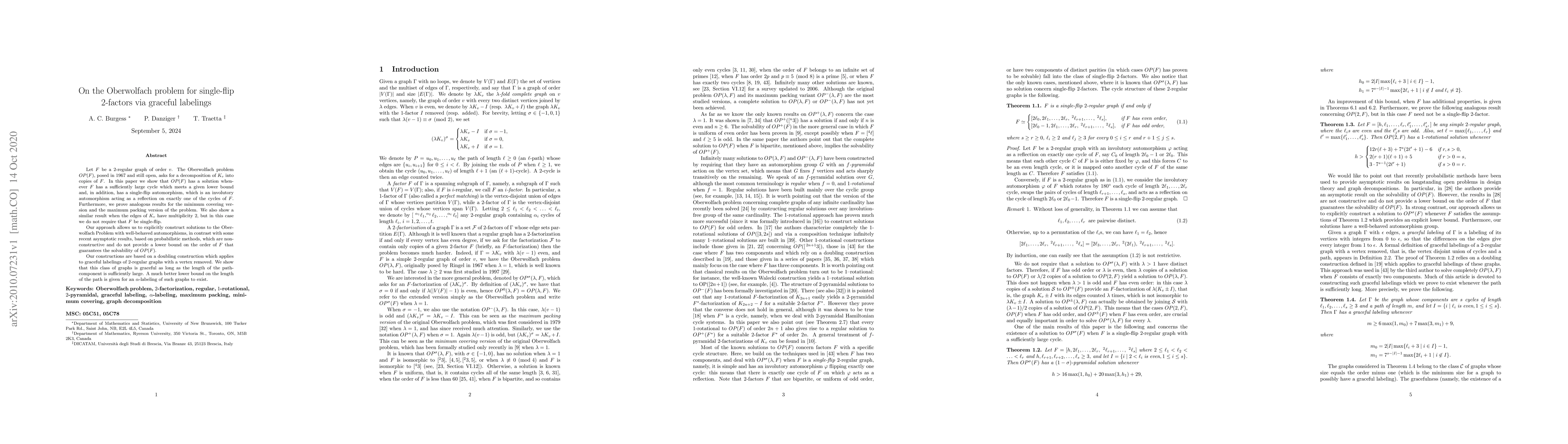 Thumbnail for On the Oberwolfach problem for single-flip $2$-factors via graceful
  labelings