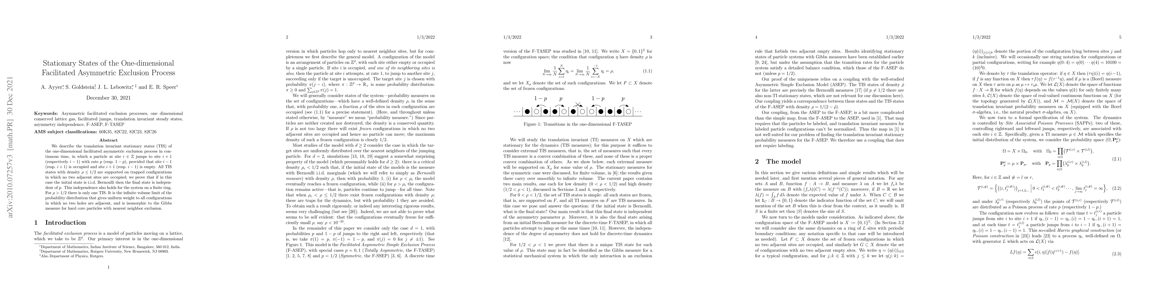 Thumbnail for Stationary States of the One-dimensional Facilitated Asymmetric
  Exclusion Process