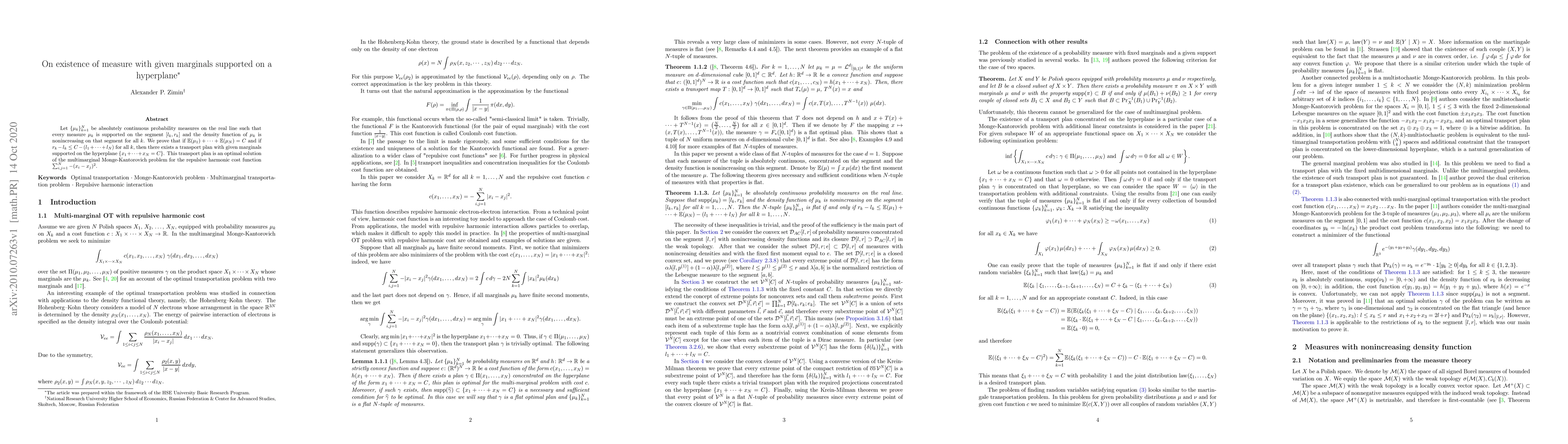 Thumbnail for On existence of measure with given marginals supported on a hyperplane