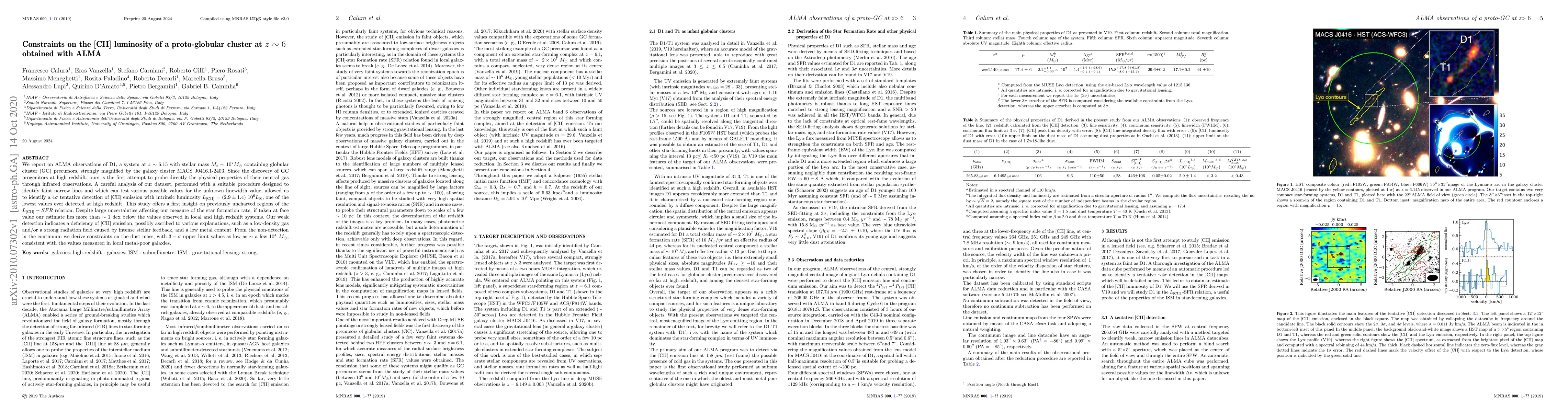Thumbnail for Constraints on the [CII] luminosity of a proto-globular cluster at z~6
  obtained with ALMA