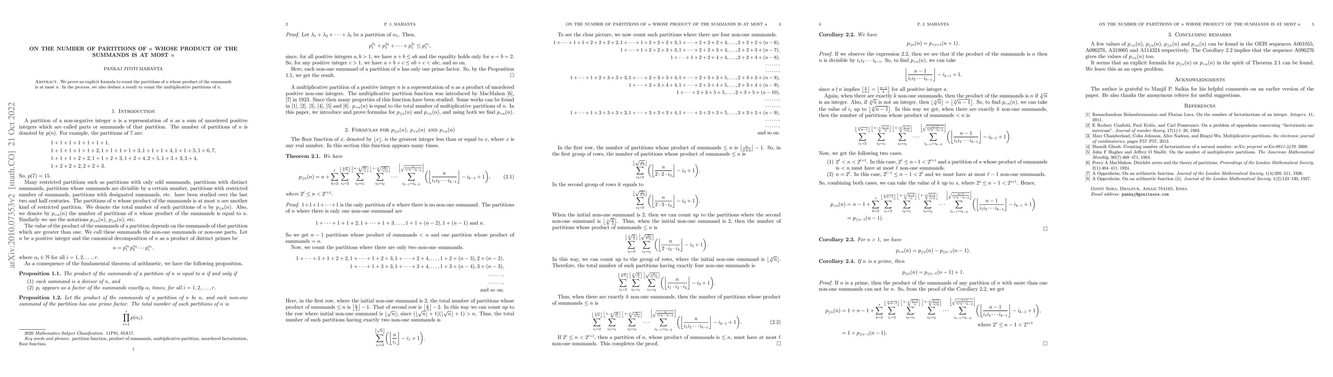 Thumbnail for On the number of partitions of $n$ whose product of the summands is at
  most $n$