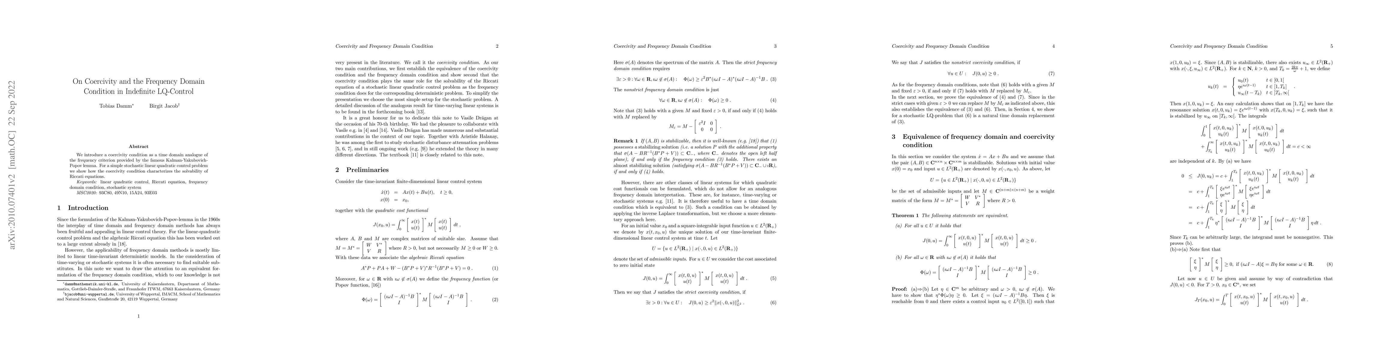 Thumbnail for On Coercivity and the Frequency Domain Condition in Indefinite
  LQ-Control