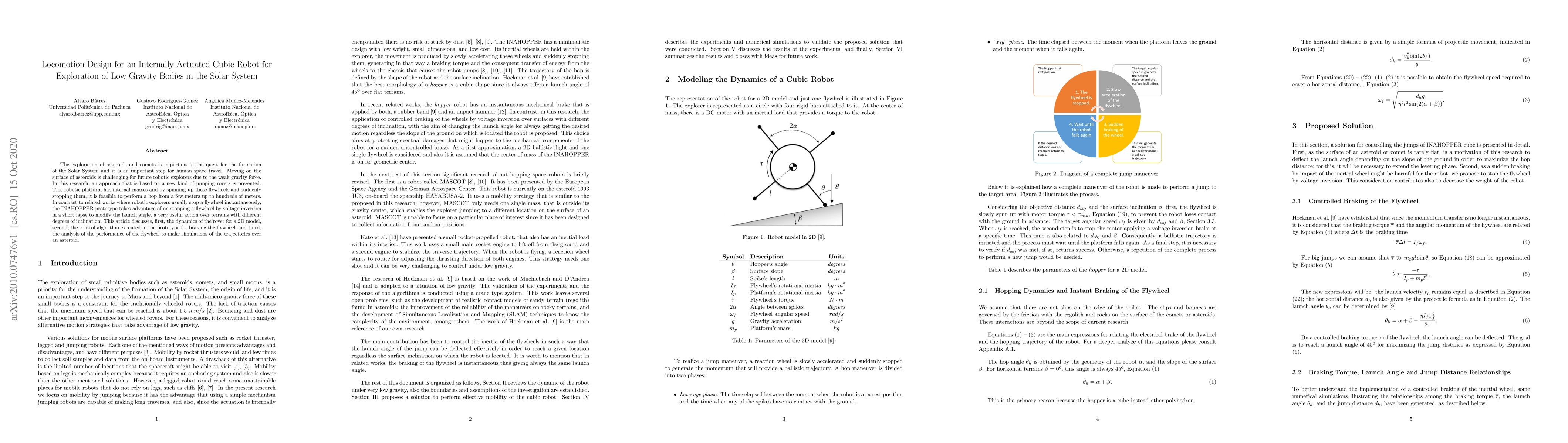 Thumbnail for Locomotion Design for an Internally Actuated Cubic Robot for Exploration
  of Low Gravity Bodies in the Solar System