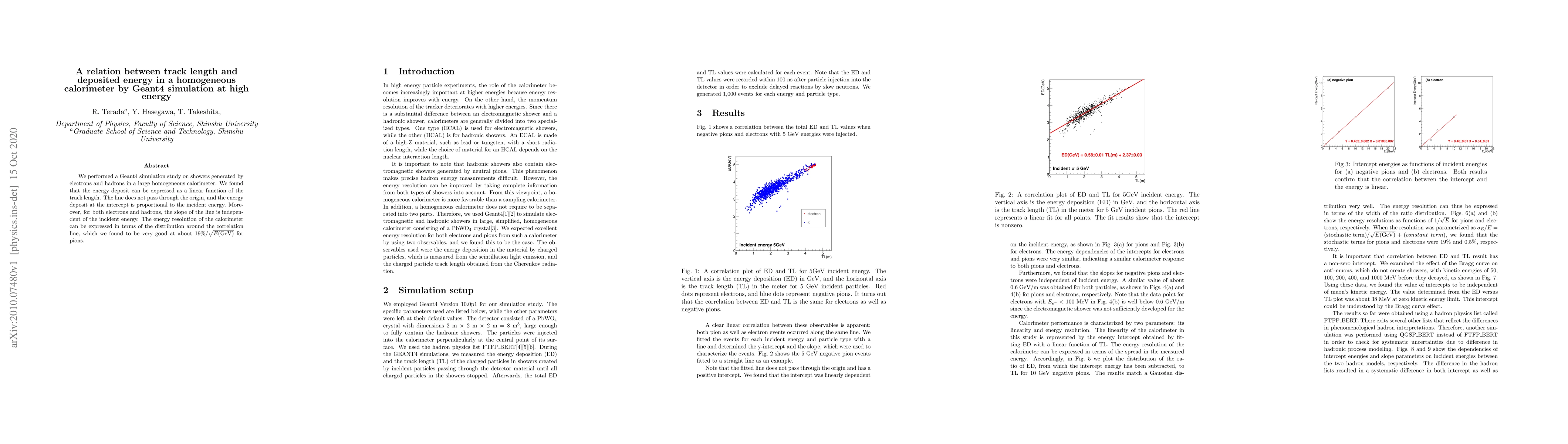 Thumbnail for A relation between track length and deposited energy in a homogeneous
  calorimeter by Geant4 simulation at high energy
