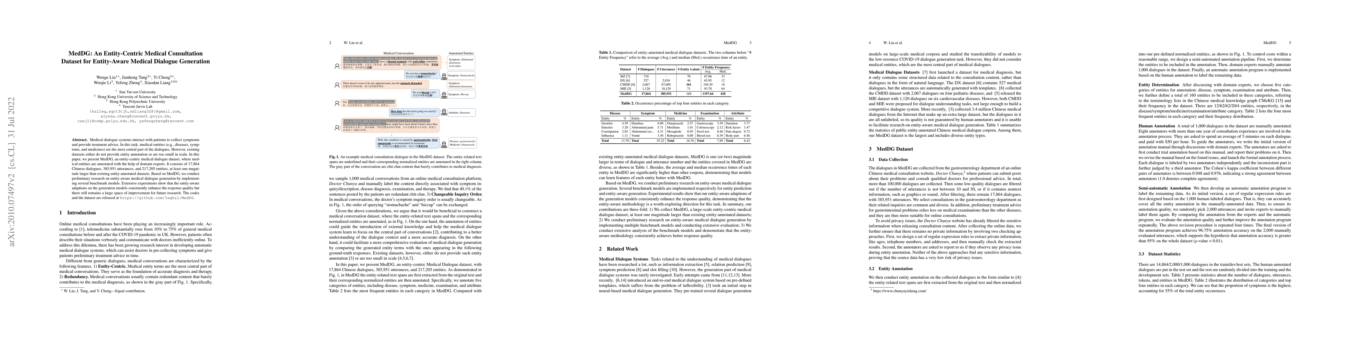 Thumbnail for MedDG: An Entity-Centric Medical Consultation Dataset for Entity-Aware
  Medical Dialogue Generation