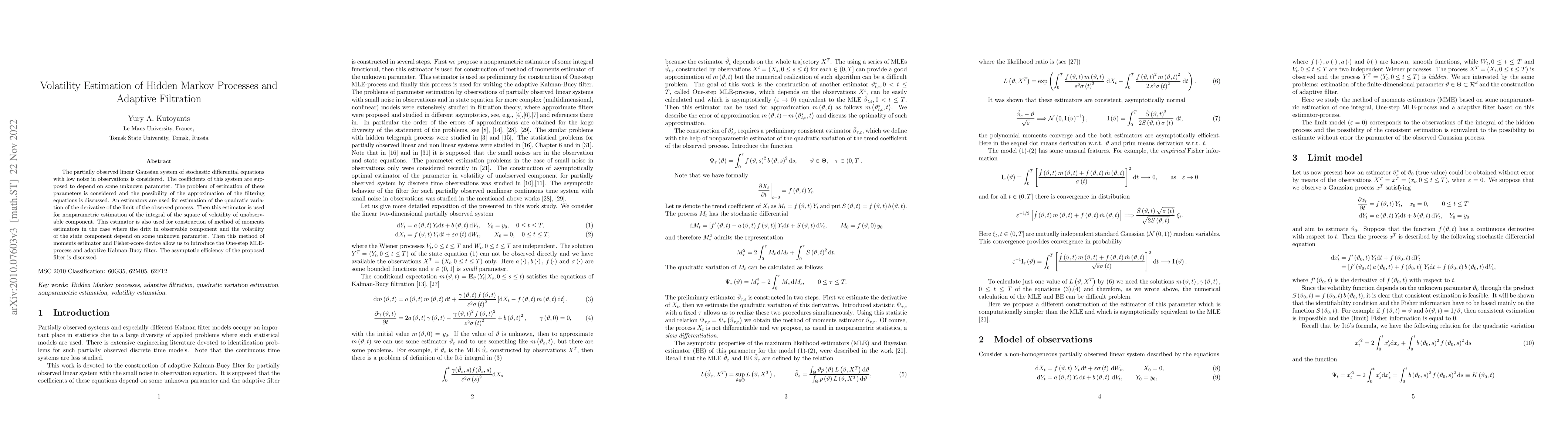 Thumbnail for Volatility Estimation of Hidden Markov Processes and Adaptive Filtration