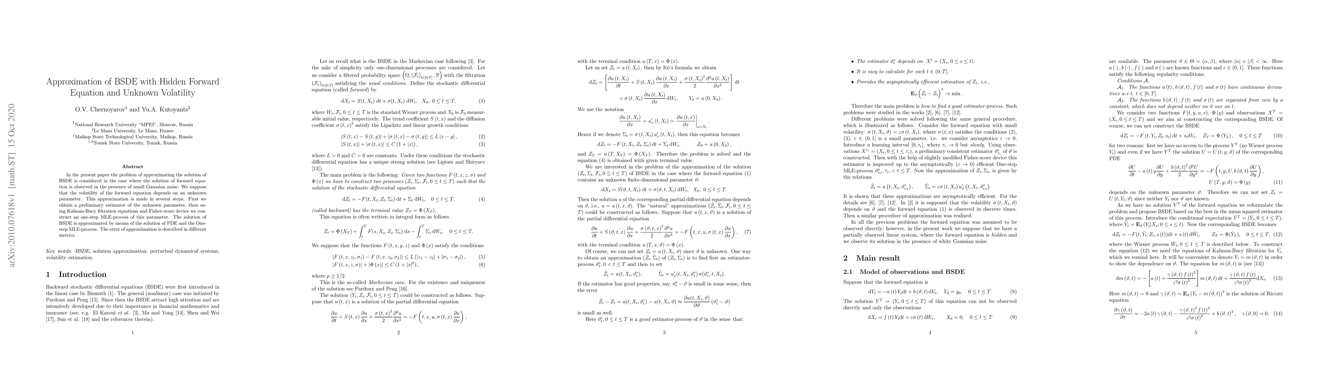 Thumbnail for Approximation of BSDE with Hidden Forward Equation and Unknown
  Volatility