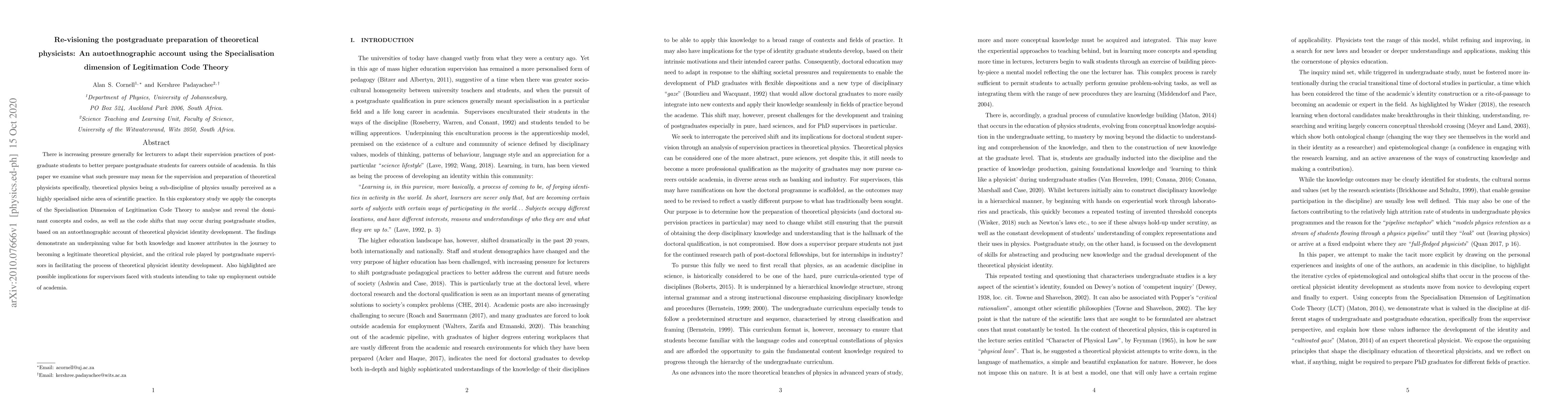 Thumbnail for Re-visioning the postgraduate preparation of theoretical physicists: An
  autoethnographic account using the Specialisation dimension of Legitimation
  Code Theory