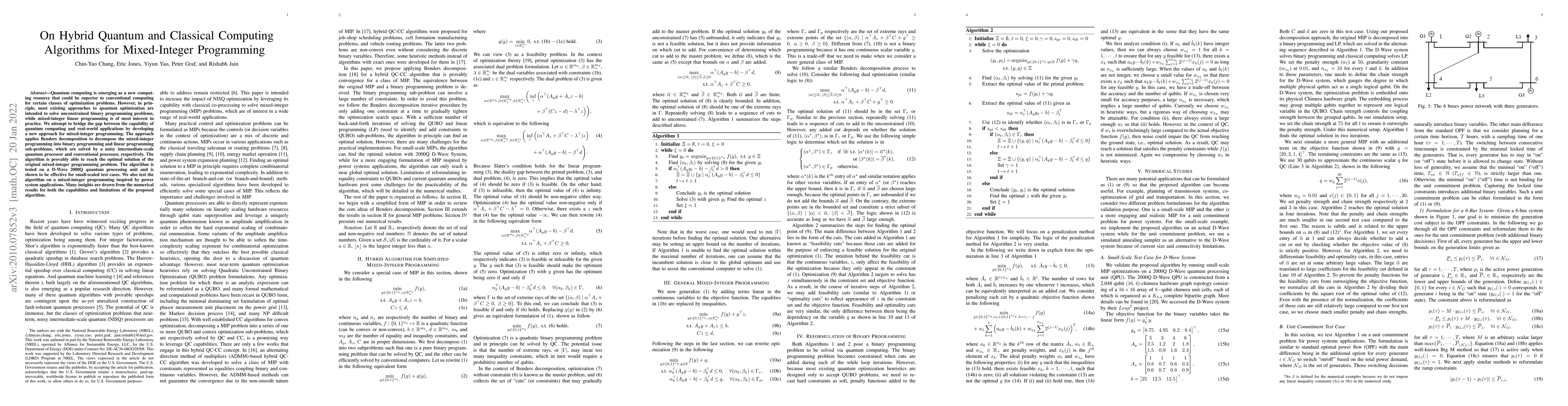 Thumbnail for On Hybrid Quantum and Classical Computing Algorithms for Mixed-Integer
  Programming