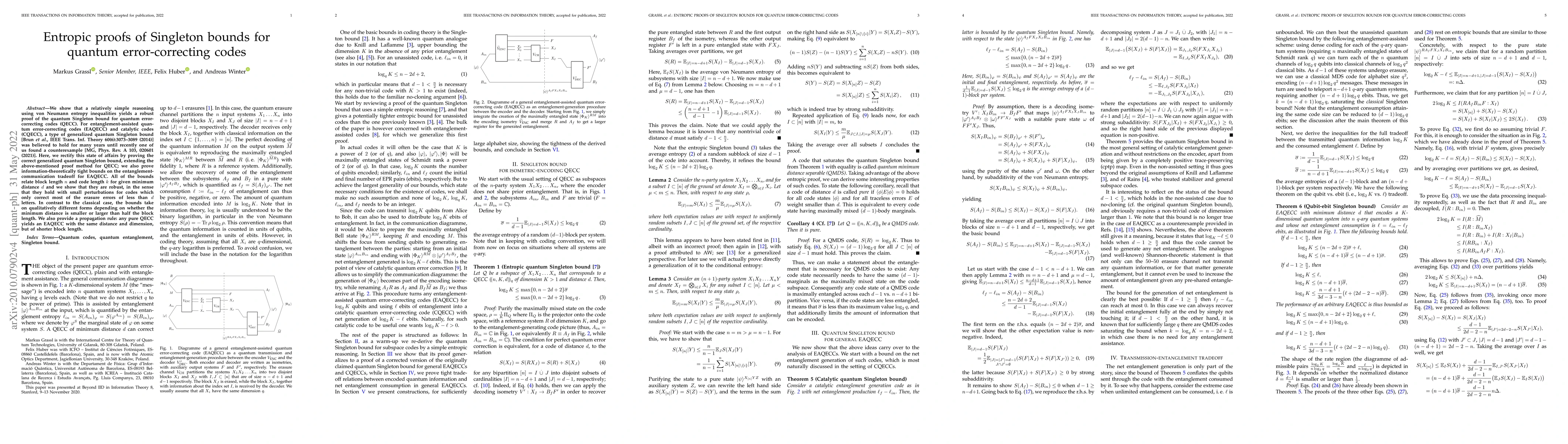 Thumbnail for Entropic proofs of Singleton bounds for quantum error-correcting codes