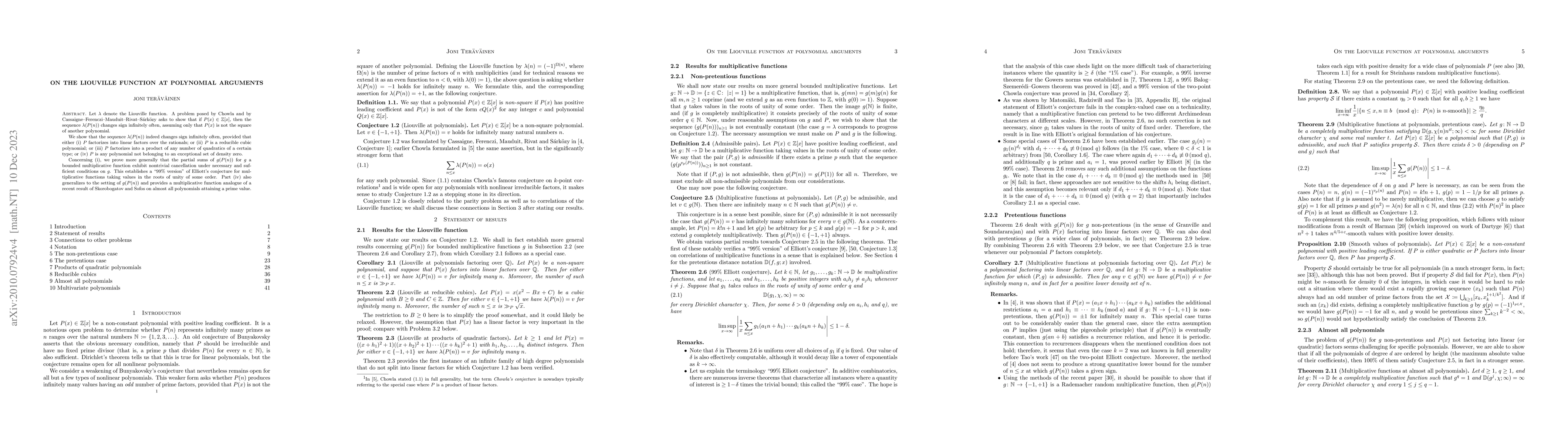 Thumbnail for On the Liouville function at polynomial arguments
