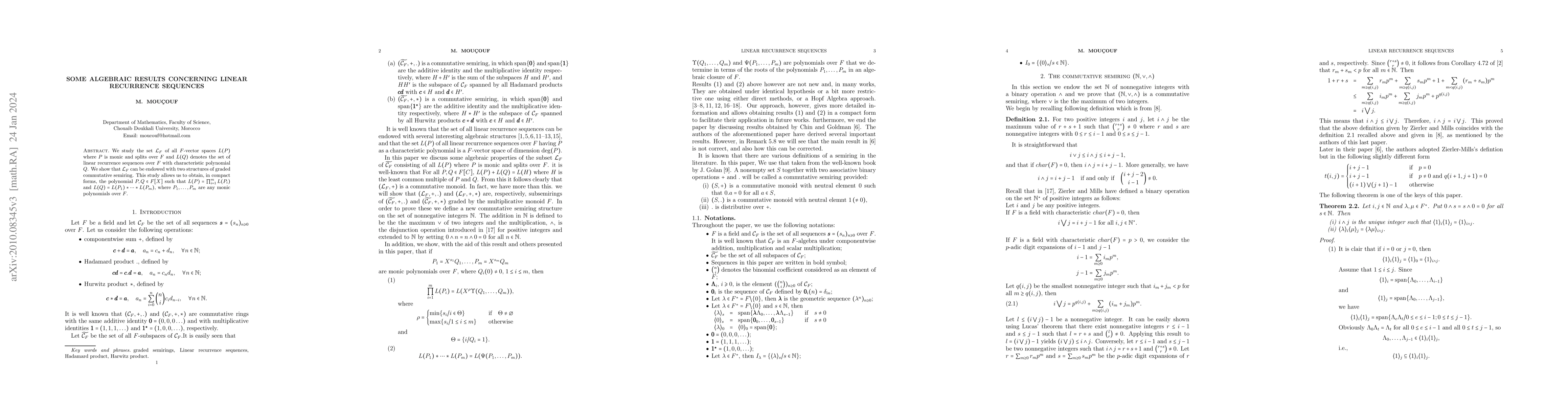 Thumbnail for Some algebraic results concerning linear recurrence sequences
