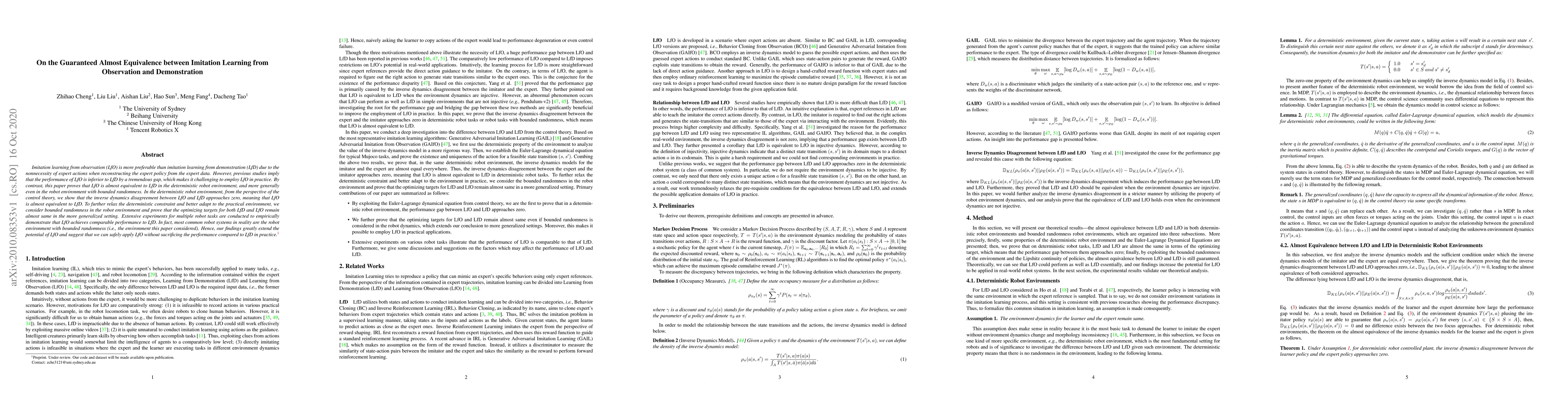 Thumbnail for On the Guaranteed Almost Equivalence between Imitation Learning from
  Observation and Demonstration