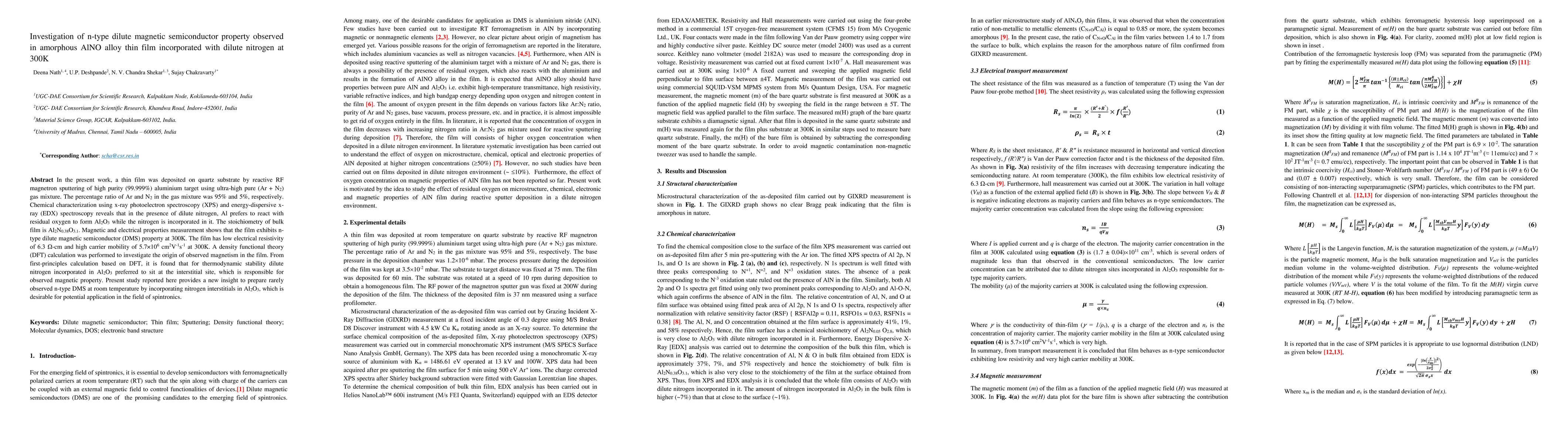 Thumbnail for Investigation of n-type dilute magnetic semiconductor property observed
  in amorphous AlNO alloy thin film incorporated with dilute nitrogen at 300K