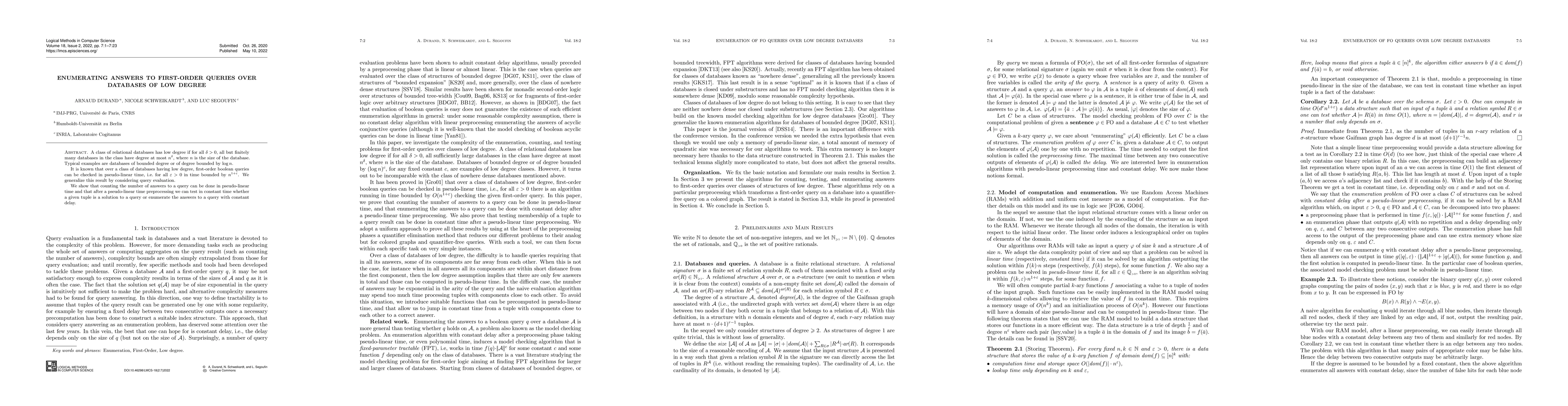 Thumbnail for Enumerating Answers to First-Order Queries over Databases of Low Degree
