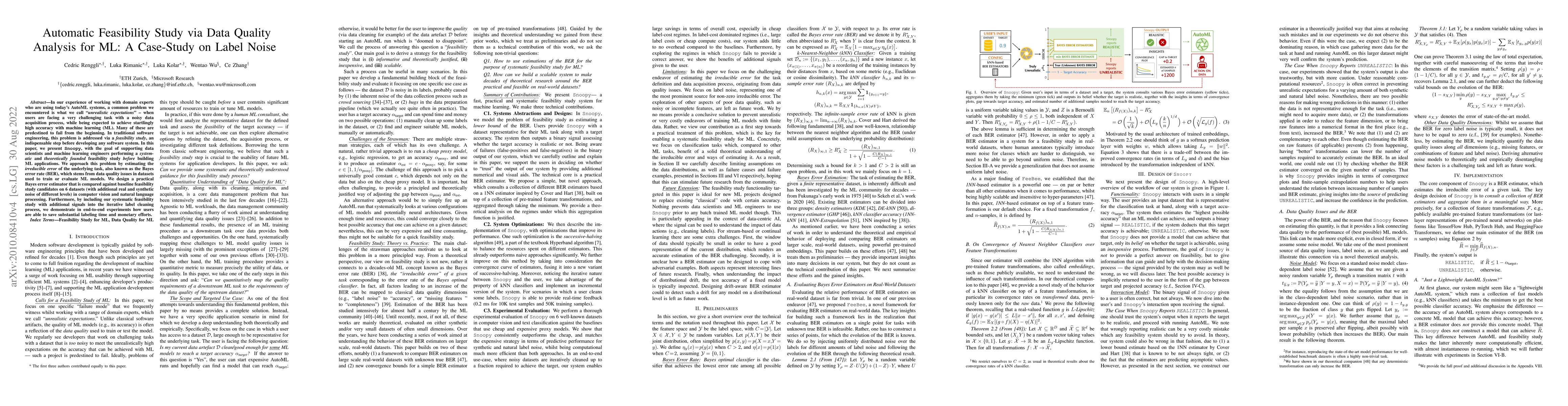 Thumbnail for Automatic Feasibility Study via Data Quality Analysis for ML: A
  Case-Study on Label Noise