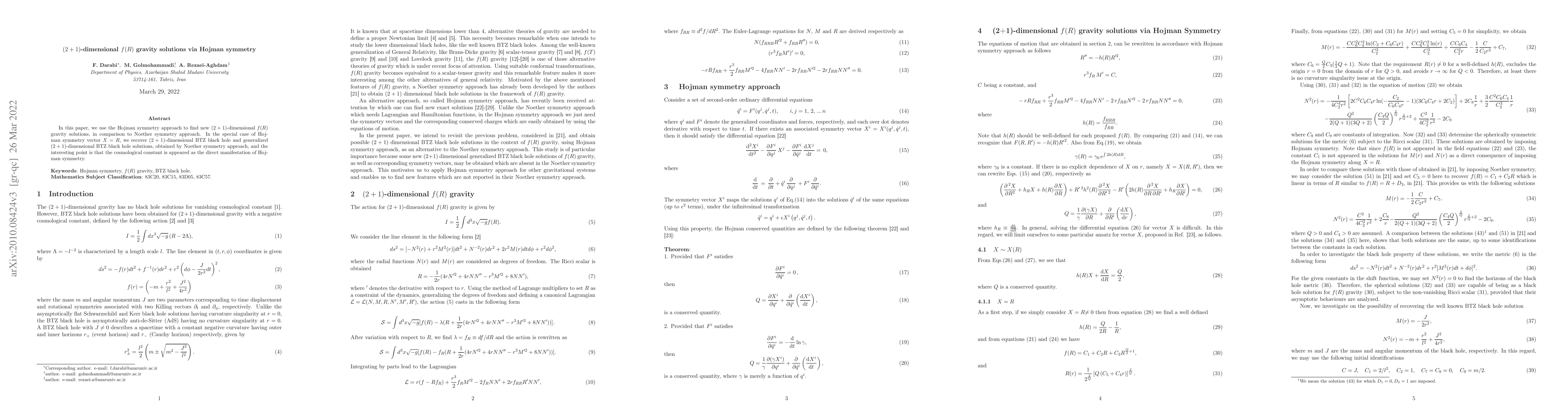 Thumbnail for (2+1)-dimensional f(R) gravity solutions via Hojman symmetry