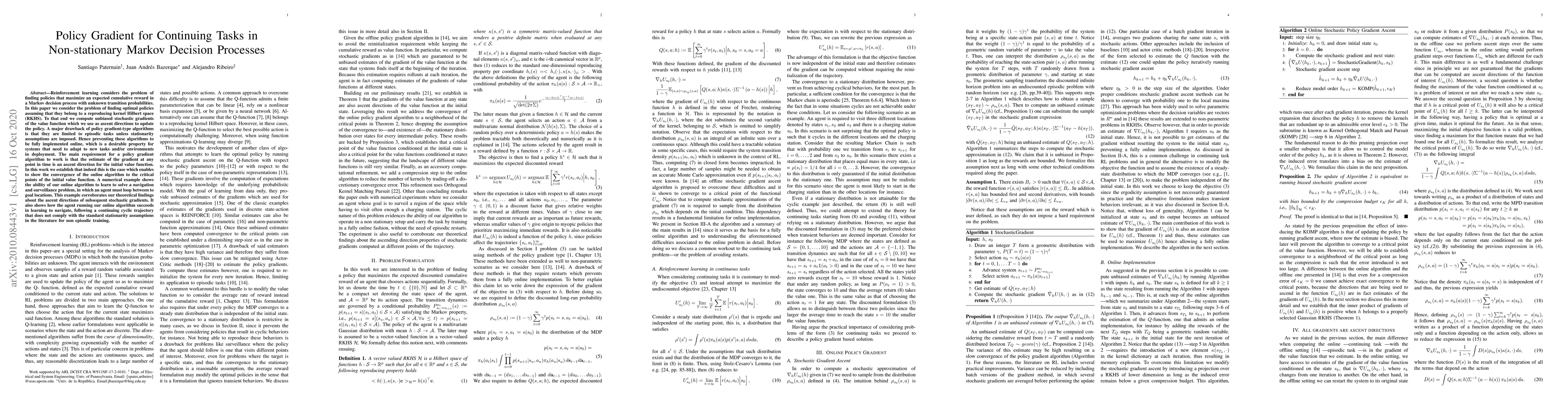 Thumbnail for Policy Gradient for Continuing Tasks in Non-stationary Markov Decision
  Processes