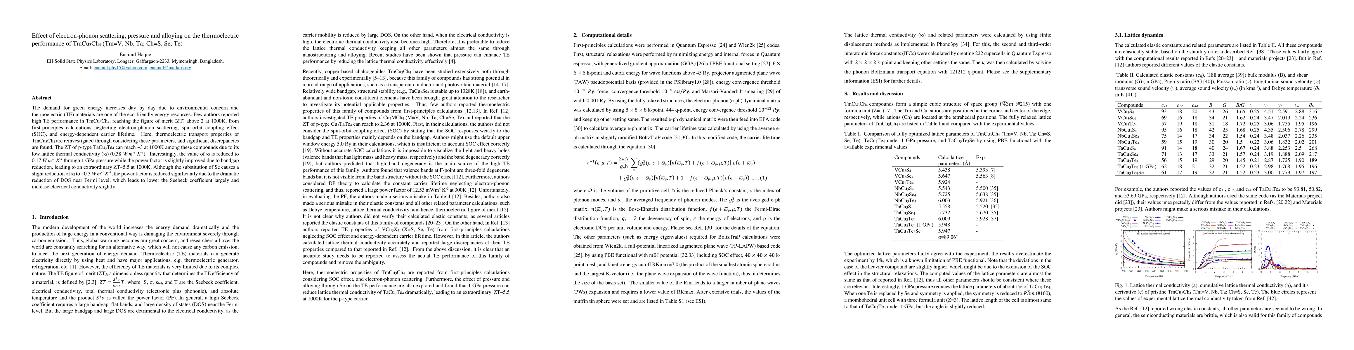 Thumbnail for Effect of electron-phonon scattering, pressure and alloying on the
  thermoelectric performance of TmCu$_3$Ch$_4$ (Tm=V, Nb, Ta; Ch=S, Se, Te)