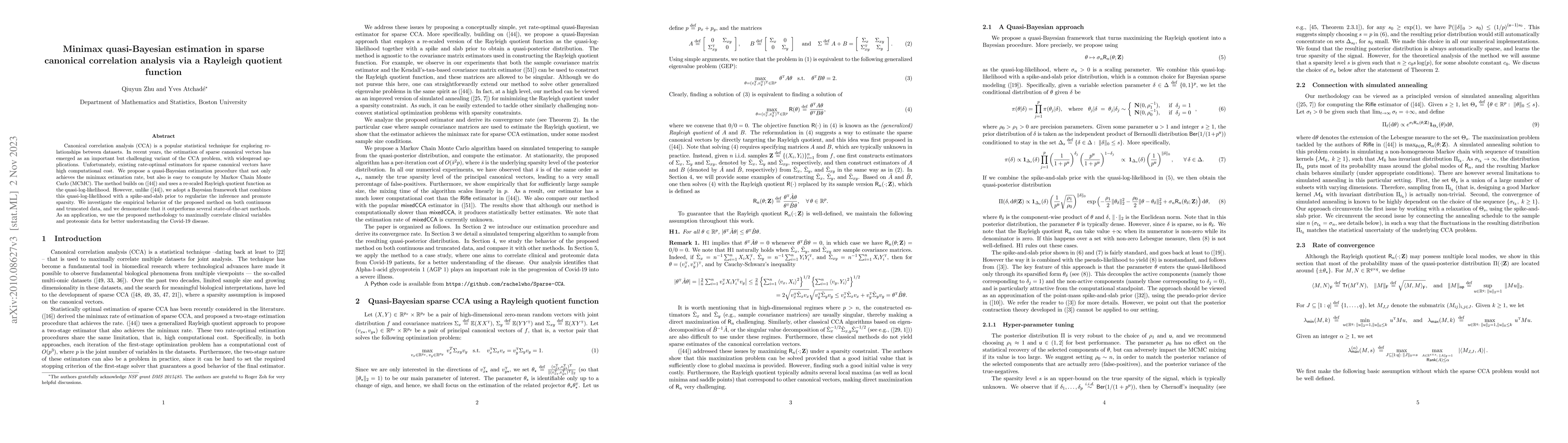 Thumbnail for Minimax Quasi-Bayesian estimation in sparse canonical correlation
  analysis via a Rayleigh quotient function