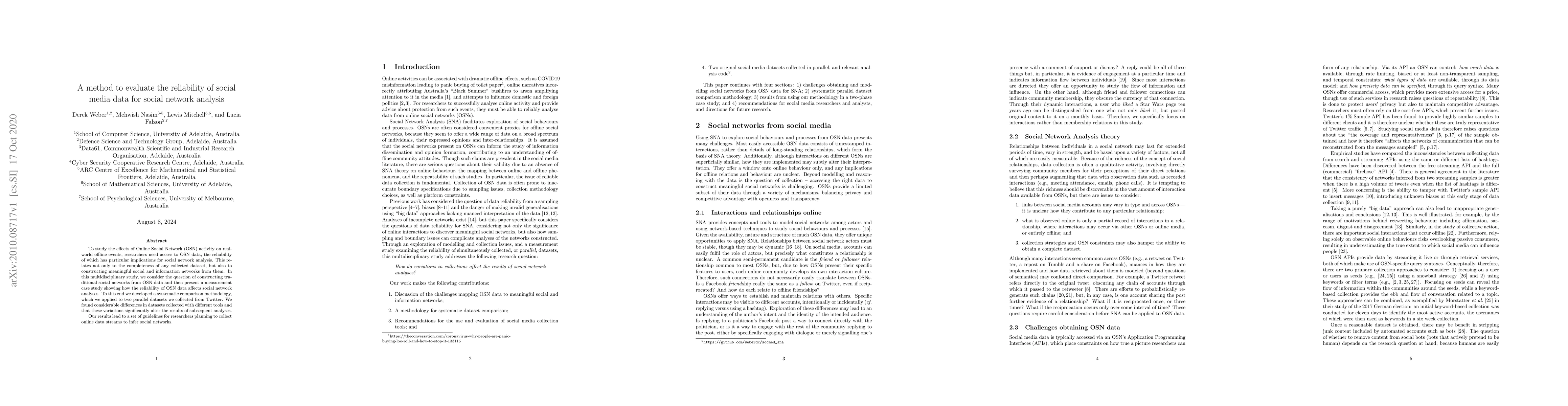 Thumbnail for A method to evaluate the reliability of social media data for social
  network analysis