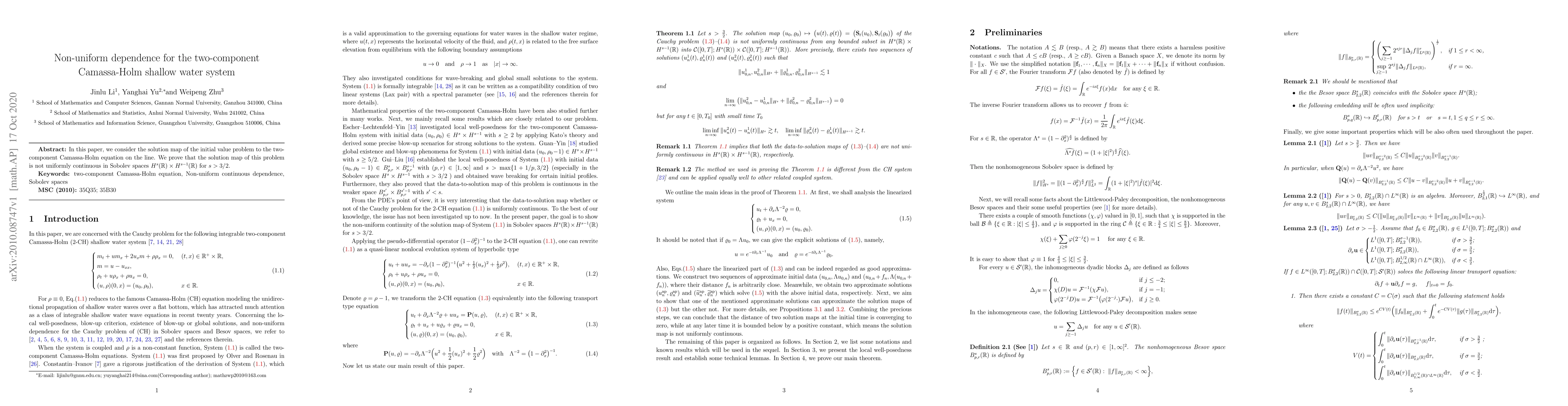 Thumbnail for Non-uniform dependence for the two-component Camassa-Holm shallow water
  system